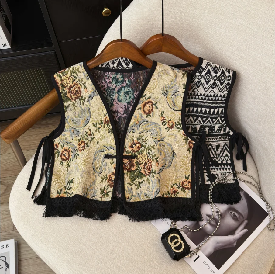 

Вышитый цветочный свободный жилет-накидка с V-образным вырезом, многофункциональный, в этническом стиле, с бахромой, для путешествий
