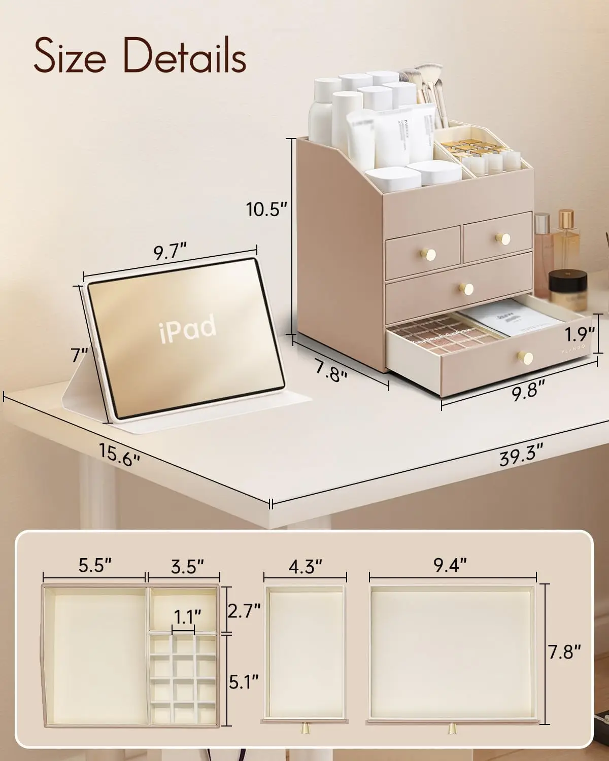 Large Vanity Organizer with 4 Drawers, PU Leather Makeup Storage for Lipstick and Brushes, Toffee Color