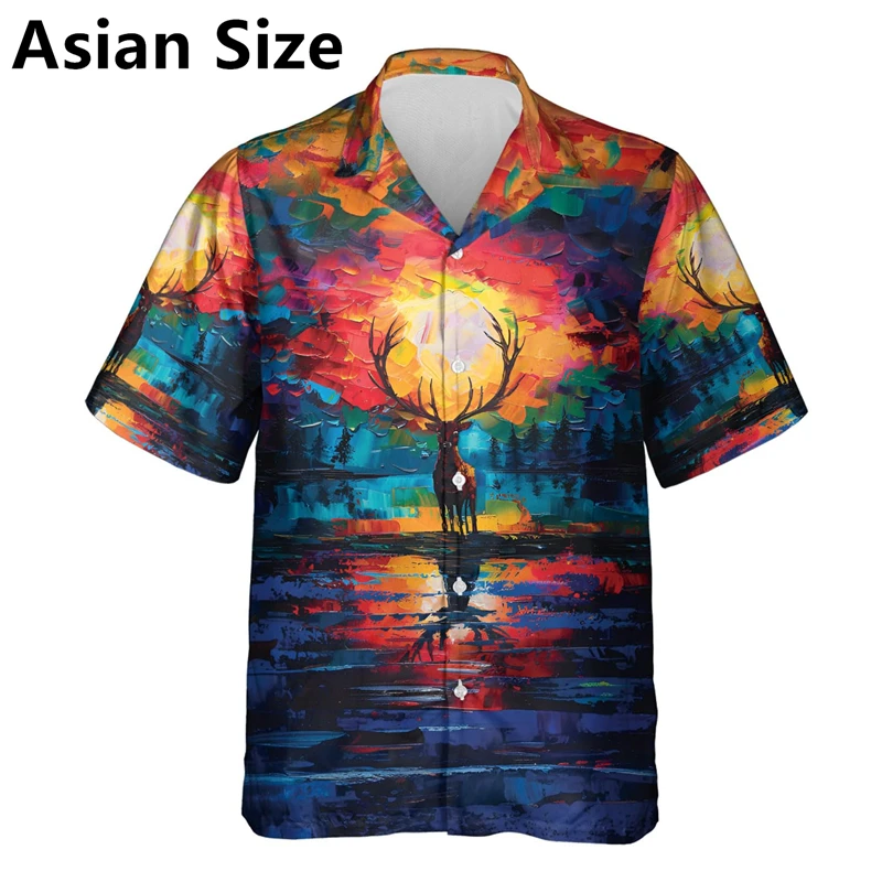 Trend Deer Graphic Shirts For Men Fashion Summer Lapel Button 3D Animals Printed Hawaiian Shirt Trend Streetwear Oversized Tops