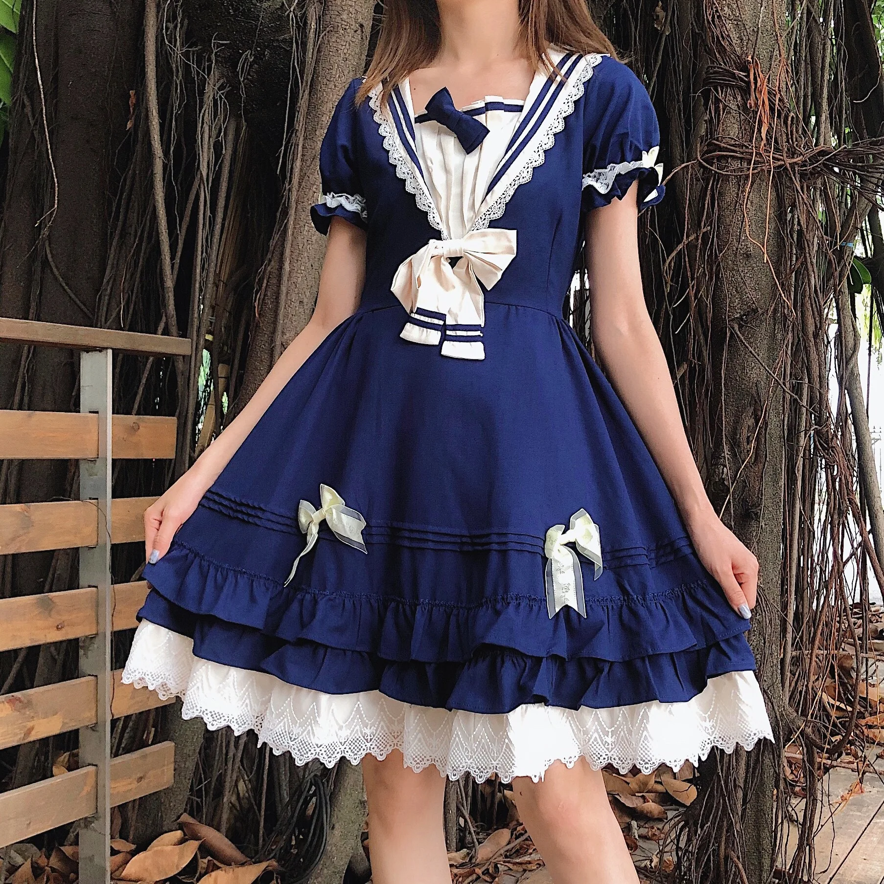 Lolita Lively and Cute lace Bow Dress Summer College Style Princess Dress Sailor Daily Short Skirt