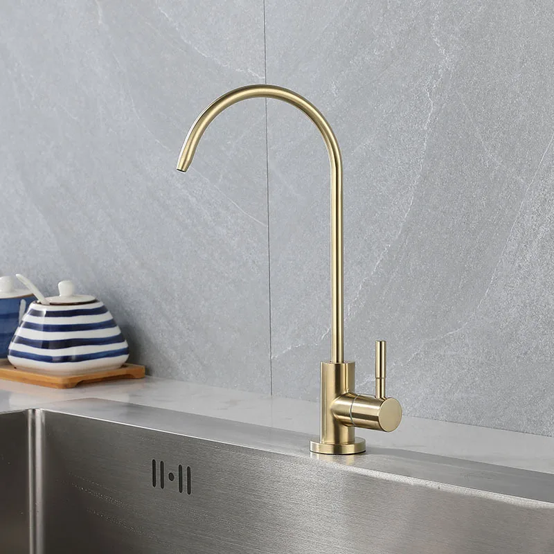 Brushed Gold Kitchen Faucet Direct Drinking Tap Single Cold Water Sink Tap Stainless Steel Anti-Osmosis Purifier Faucet 1/4 Inch