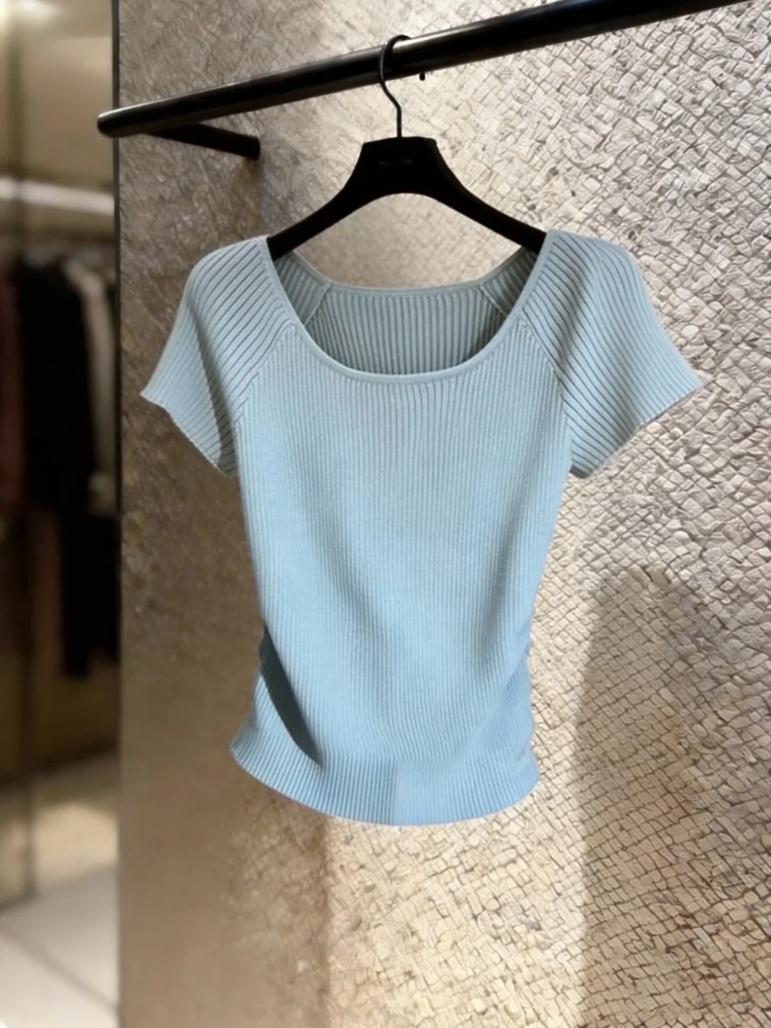 

Blue Square Collar Ice Silk Knitted Short Sleeve T-Shirt Women's Summer Chic Loose Fit Soft Fabric Non-Mall Replica Thin Model