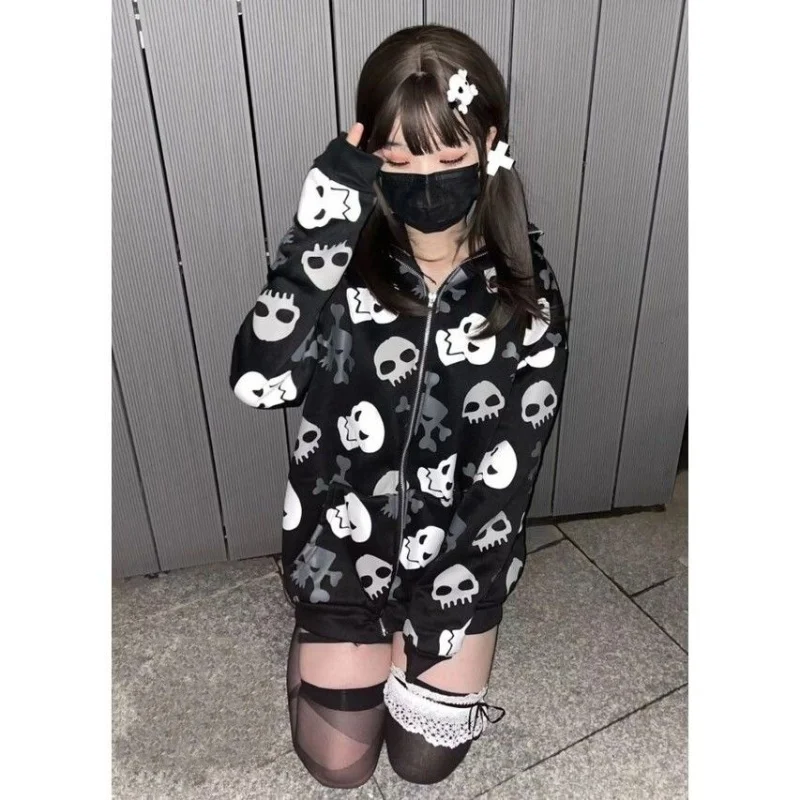 Skeleton ins loose zipper jacket spring and autumn hooded cardigan women's rsize dark style thin y2k hoodie