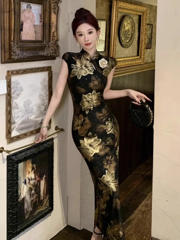 Kimotimo Woman Elegant Gilded Printed Cheongsam Dress New Summer Sexy High Waist Slim Split Long Party Dresses Vestidos Vintage