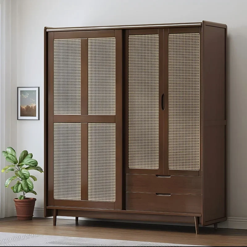 d2 Solid wood rattan wardrobe with drawers Sliding door Simple wabi-sabi new Chinese retro wardrobe Home storage cabinet
