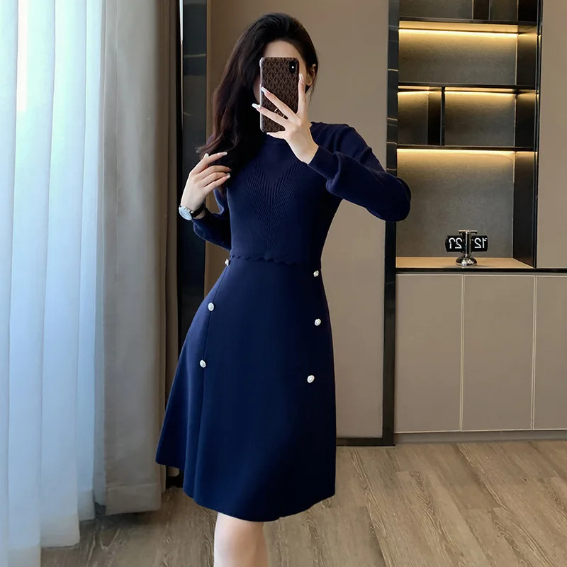 #0961 Blue A-line Sweater Dress Women False Two Piece A-line High Waisted Knitted Dress Female Slim Stretch Short Dress Ladies