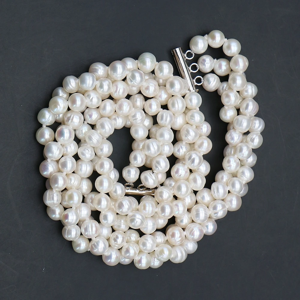 

3-layer Natural Baroque Beaded Necklace White Freshwater Screw Pearl Neck Ornament 1strand For Noble Courtly Style Occasion Wear