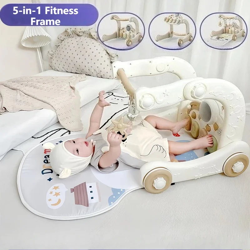5 in 1 Baby Gym Play Mat with Walker with Infant Learning Sensory Toys Play Piano Activity Table Block Toys Sit-to-Stand Walker