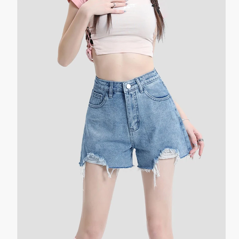 Summer Lady Streetwear Fashion Thin Jeans Girls High Waist Raw Edge Short Pants Female Classic Korean Solid Denim Shorts