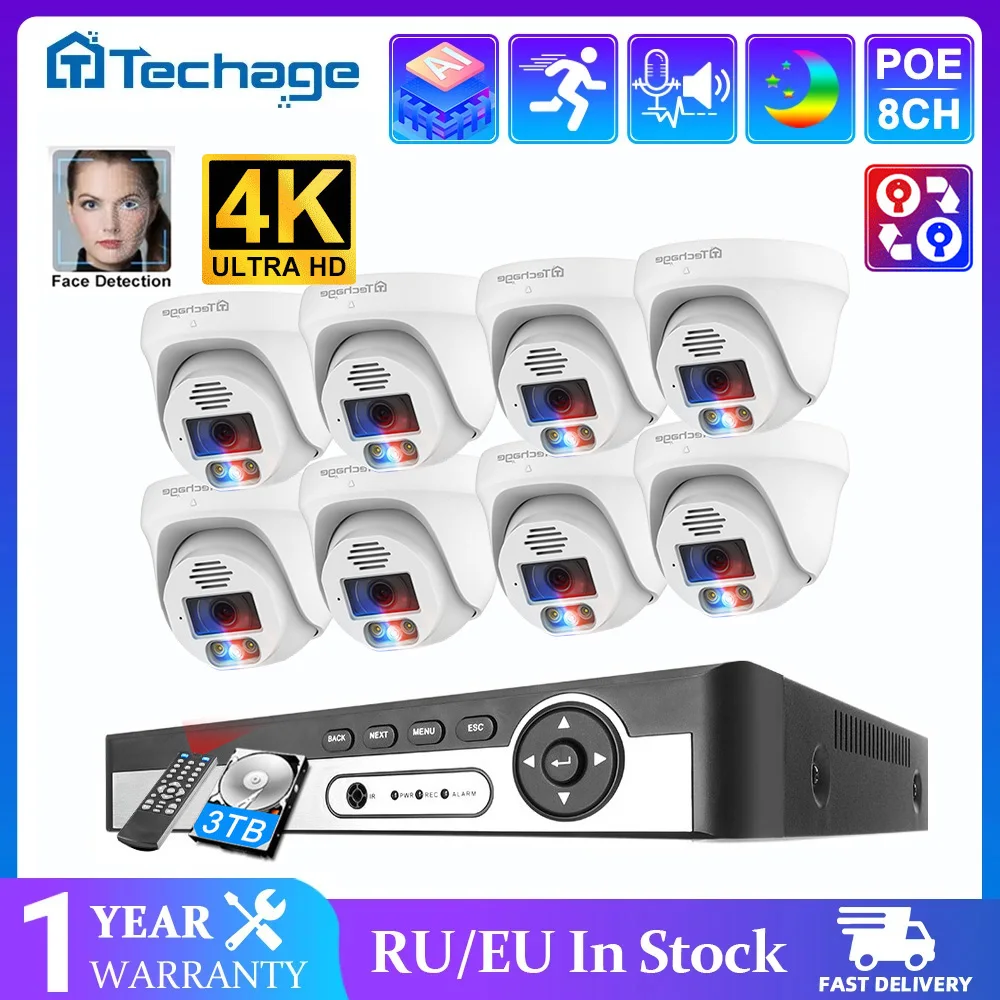

8-канальная система видеонаблюдения 8MP/5MP с PoE, купольными камерами для помещений, распознаванием лиц, двусторонней связью и цветной ночной записью
