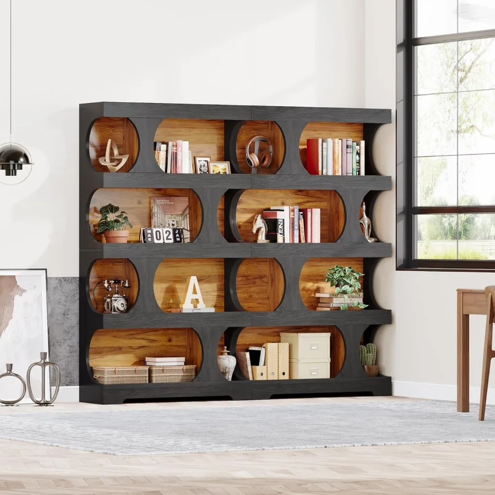 

71" Tall Bookcase Set of 2, 4-Tier S-Shaped Bookshelf, Wood Decorative Storage Shelving, Modern Freestanding Display