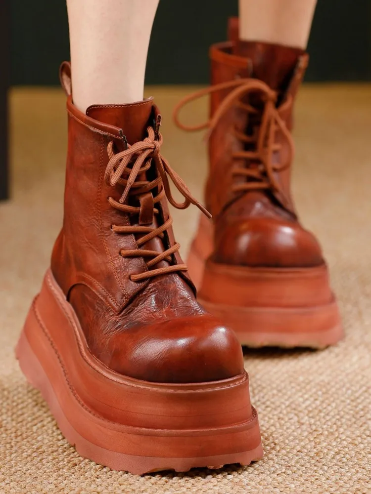 حذاء نسائي أنيق متعدد الاستخدامات مصنوع يدويًا من جلد البقر الطبيعي مريح بكعب عالٍ ومنصة سميكة حذاء نسائي برباط حتى الكاحل #4