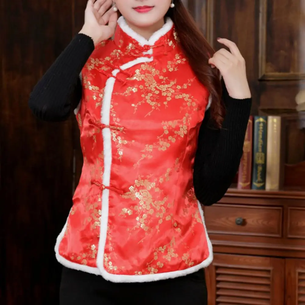 Chinese Style Plush Knot Women Waistcoat New Year Women Vest Traditional Retro Stand Collar Wedding Thicken Winter Waistcoat