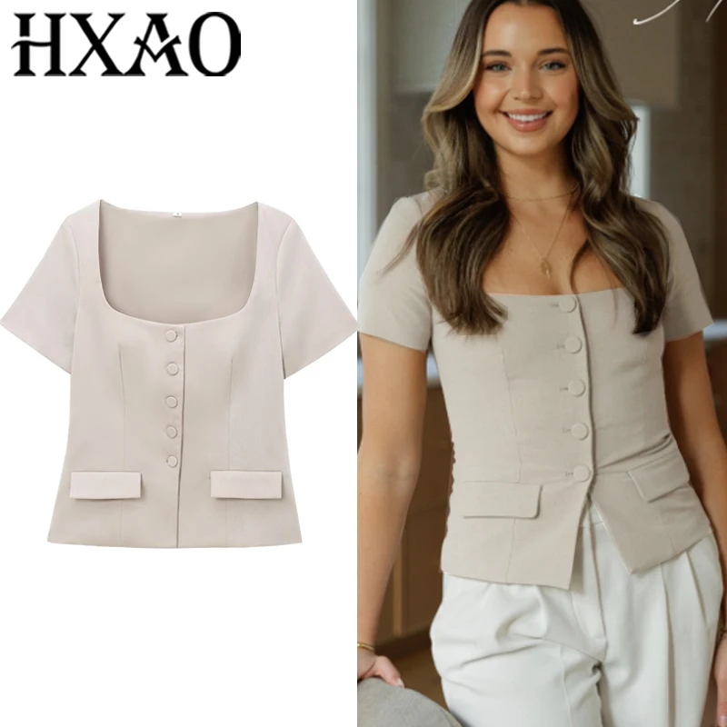 

HXAO Woman Jackets Vest Button Women's Cropped Suit Vest Summer Office Wear Short Sleeve New Outerwear Elegant Women's Coats