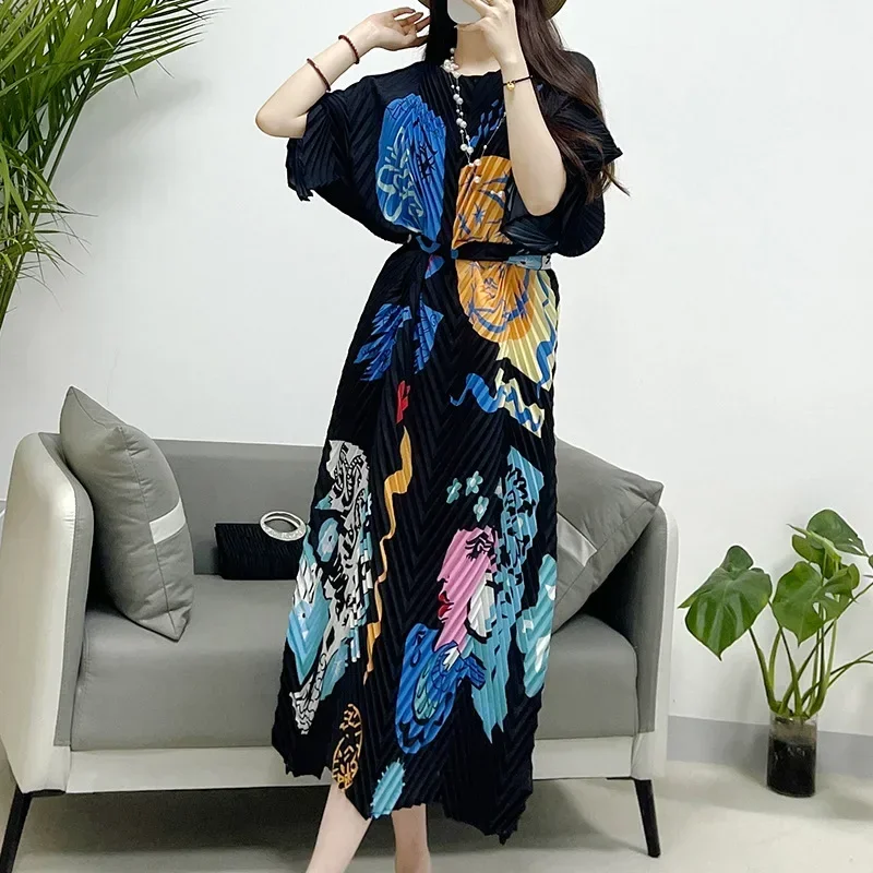 

ALSEY Style Pleated Dress Women's 2024 Spring New Casual Loose Fashion Printed V-shaped Pleated Versatile Elegant Long Dresses