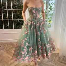 3D Flowers Prom Dresses for Women 2023 Tulle Strapless Tea-Length with Pleats A-Line Special Events Wedding Gala Evening Party