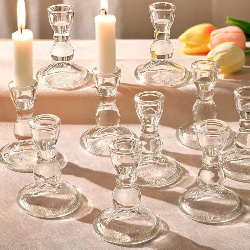 12Pcs Candlestick Holders Bulk, Clear Taper Candle Holders, Glass Candle Holders for Valentine\'s Day, Wedding Table, Party Decor