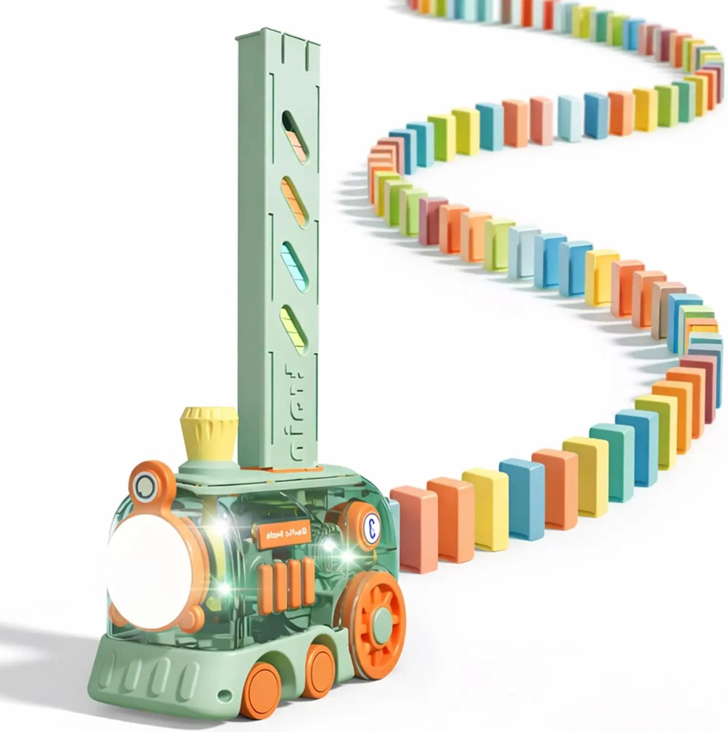 

Domino Train Toy, 80 PCS Kids Games Automatic Dominos Set, STEM Montessori Toys for 3 Year Old, Colorful Lights & Music Creative