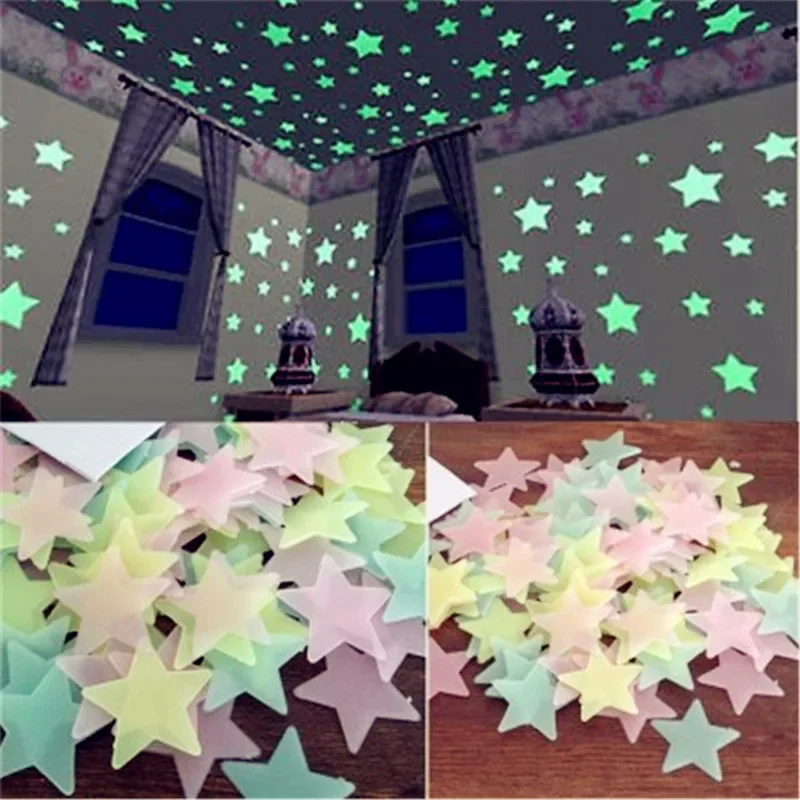 100pcs 3D Stars Glow In The Dark Wall Stickers Luminous Fluorescent Wall Stickers For Kids Baby Room Bedroom Ceiling Home Decor