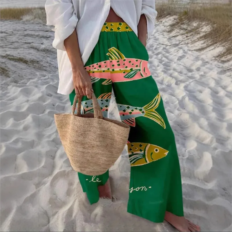 Women's Pants New Creative Fish Bottom Pattern Casual Trousers Loose Sports Wide-leg Pants Marine Element Casual Trousers Women