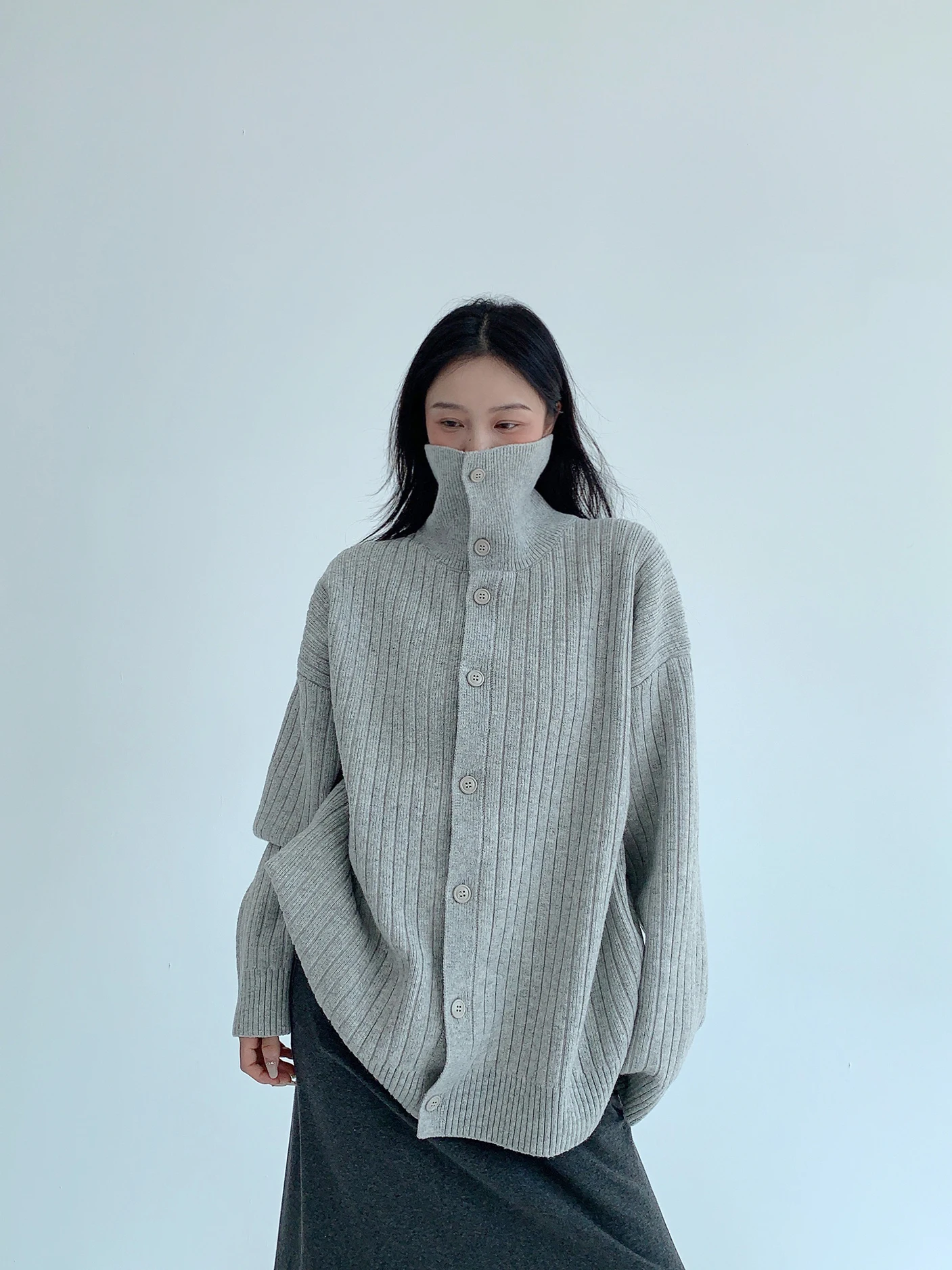 

Thiened Stand Collar Knitted Sweater Coat Women's Loose Fit Casual Sle Polyester Fiber Long Sve Winter Outerwear