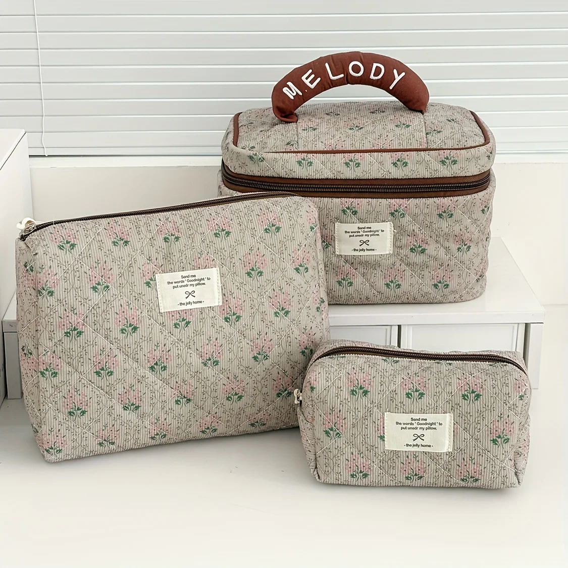 Two Colors Dark Wall Flower Quilted Cosmetic Bag Vintage Handle Large Capacity Travel Organizer Multiple Sizes Available