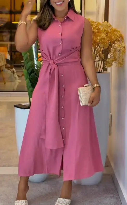 2025 moda sem mangas cintura cinching camisa vestido para o verão feminino cor sólida lapela botão amarrado cintura cinching camisa vestido
