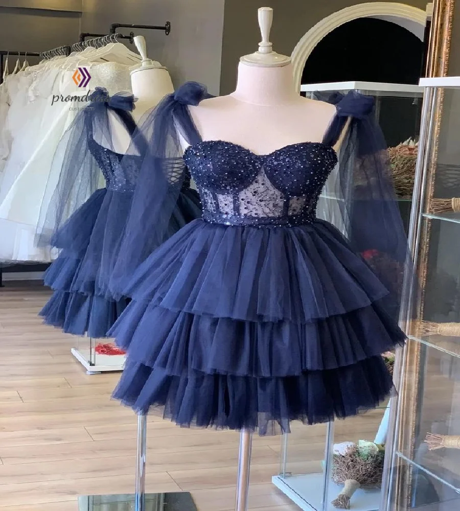 

Sexy Navy Blue Short Prom Dress With Sequins Spaghetti Straps Tulle Tiered High School Evening Dress Formal Birthday Customized
