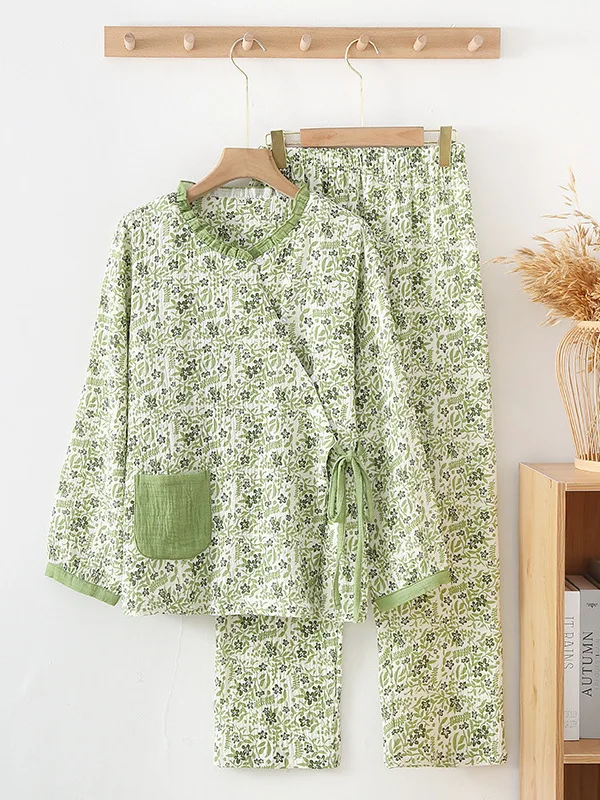 New Summer Muslin Pajamas For Women Long-sleeved V-neck Sleepwear Floral Sweet Kimono Cotton And Hemp Pajama