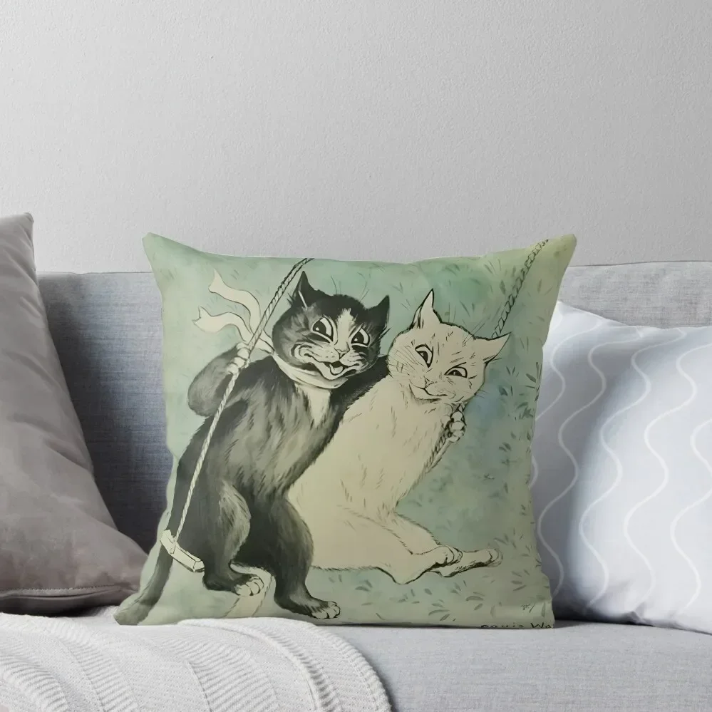 A Black and a White Cat on a Swing with Green Background by Louis Wain Throw Pillow Pillowcase Cushion New year pillow