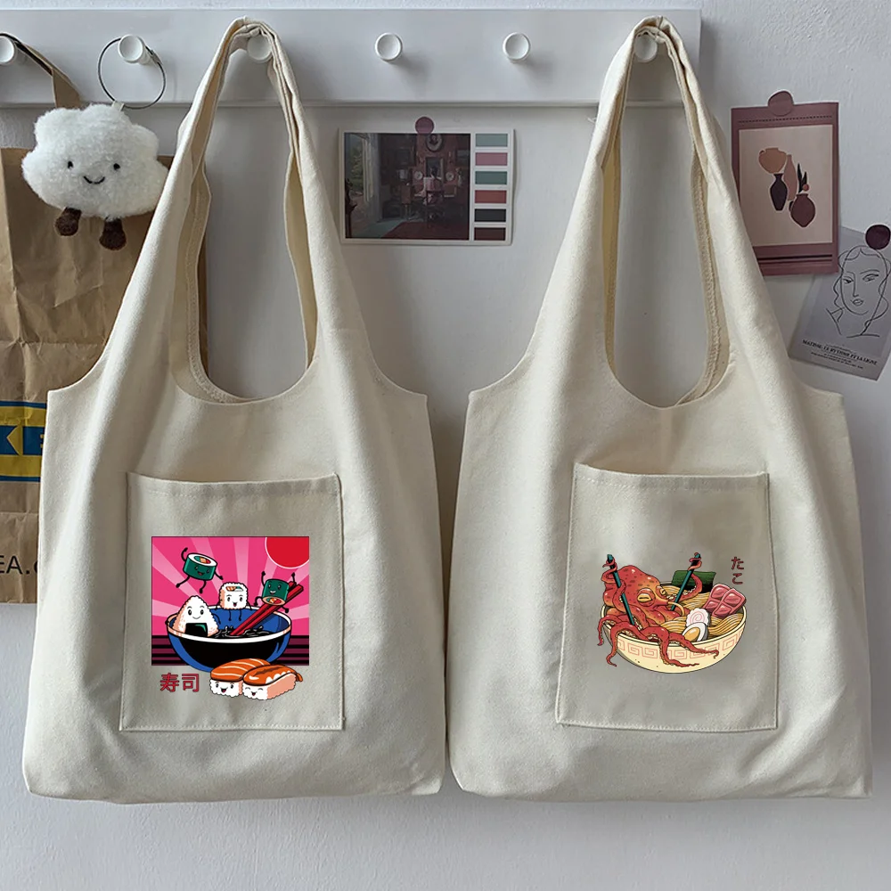 

ese Casual Woman Bag Tote Bag Large-capacity Shopping Shoulder Bag Anime Pattern Printing Commuter Bag Lady Beige Reusable