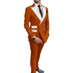 Orange Men's Suit 2 Piece Set Double Breasted Blazer Elegant Wedding Groom Tuxedo Jacket Pants Custom Clothes