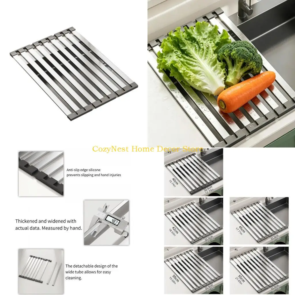 

92MF Foldable Rustless Steel Sink Dish Rack Space Saving Detachable Dish Rack for Vegetables Fruits and Utensils Drying