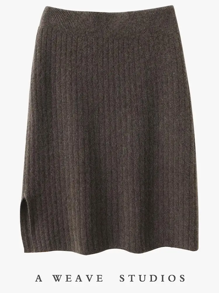 

Autumn Winter Women Wool Skirt Office Lady Slit Hem Straight Skirt Elastic Waist Cashmere 100% Merino Wool Knitted Striped Dress