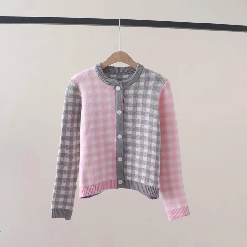 

Women's Clothing Fashion Patchwork Single Breasted Y2K Sweaters Autumn Winter Vintage Plaid Slim O-neck Knitted Cardigan