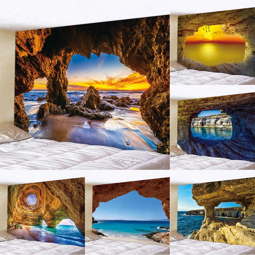 Beach Sunrise Cave Pattern Home Decor Room Background Fabric Boho Style Wall Living Room Tapestry