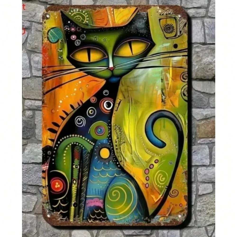 Abstrakte Katzen-Wandkunst, Retro-Metallblechschild, farbenfrohes Wohndekor-Geschenk, 20,3 x 30,5 cm