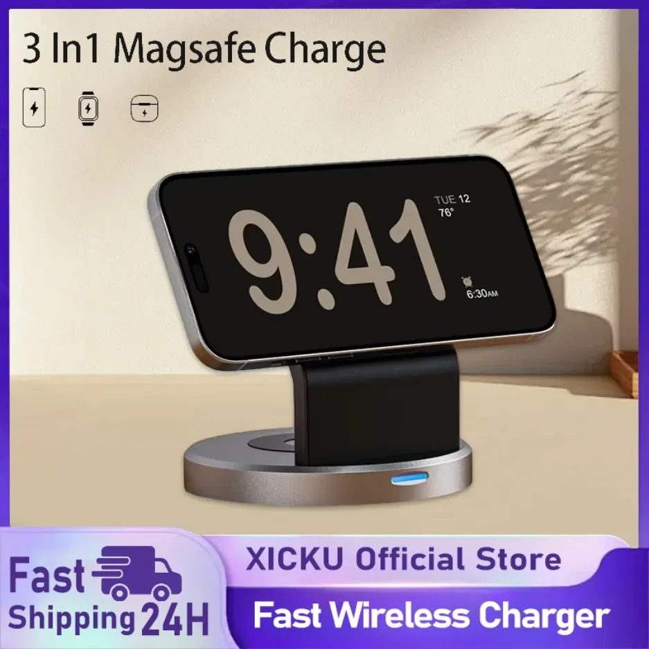 3 In 1 Wireless Charger Stand For MagSafe iPhone 16 15 14 13 12 Pro Max Apple Watch AirPods Station Dock Fast Charging Station