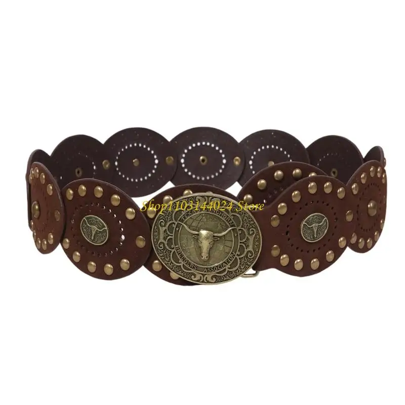 N5KE Chinese Round Cake Waist Belt Practical PU Leather Adjustable Belt Matching Belt for Jeans Dress and Skirts