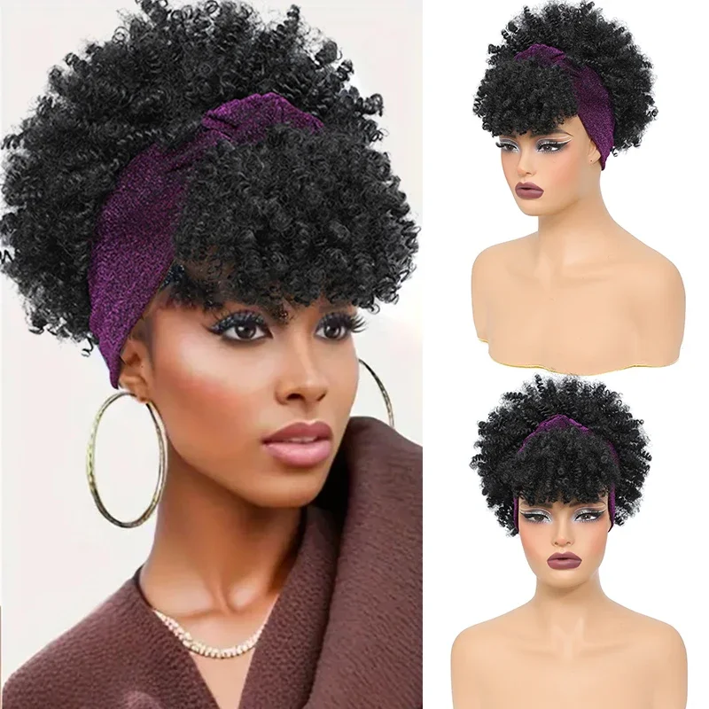 Synthetic Afro High Curly Headband Wig Short Kinky Curly Head Band Wig with Bangs Afro Fluffy Curly Scarf Wrap Wigs for Women