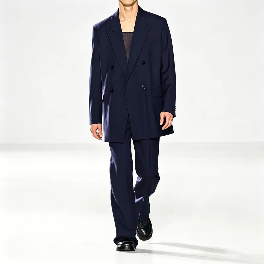 Traje de Dos Piezas Azul Marino para Hombre, Blazer Cruzado Extra Grande, Pantalones de Pierna Ancha, Traje Formal para Boda, Baile de Graduación, Negocios