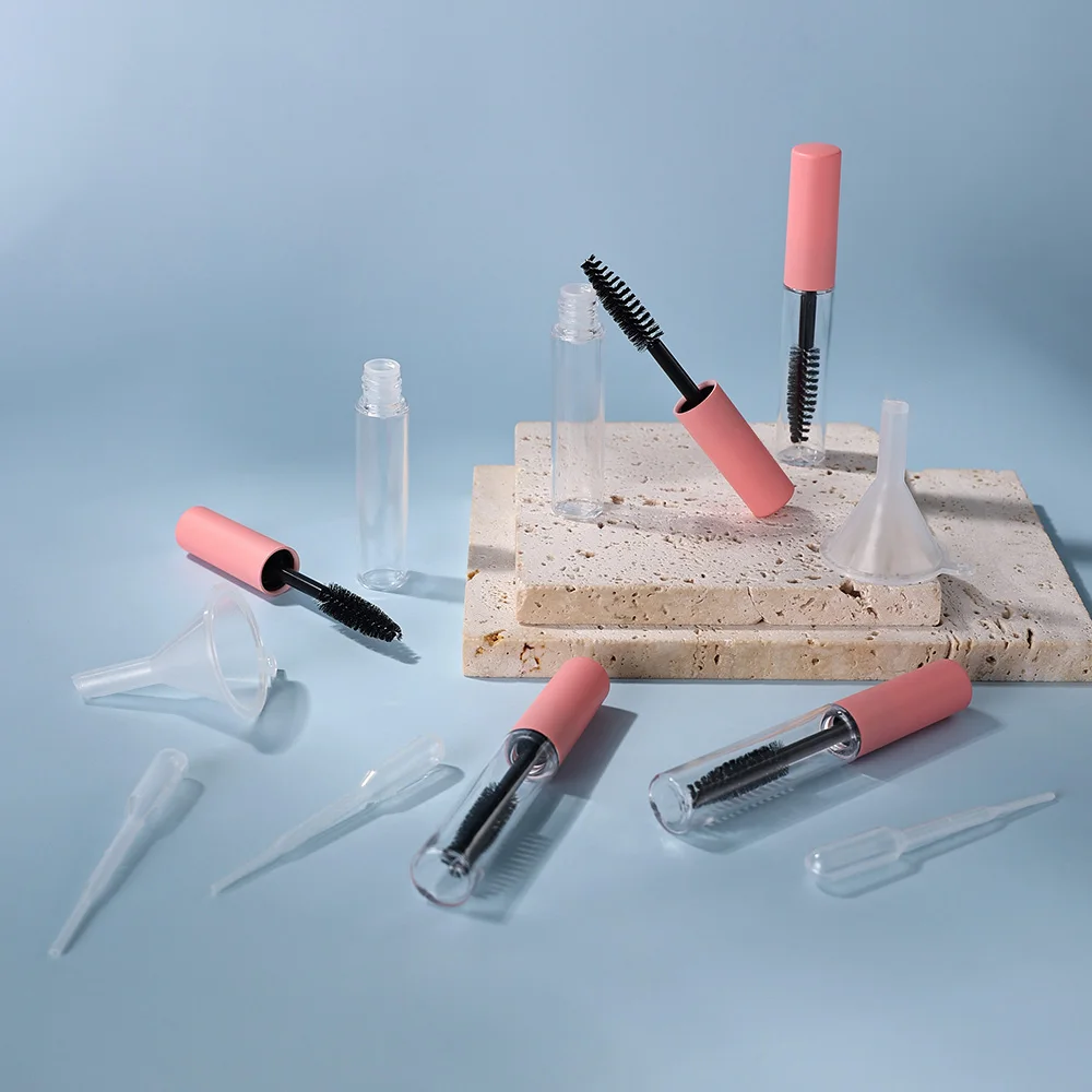 10個 5ml ピンクキャップ 空のマスカラ詰め替えボトル 10個の漏斗と10個のスポイト付き - マスカラ、ブロウジェル、アイライナー用の漏れ防止