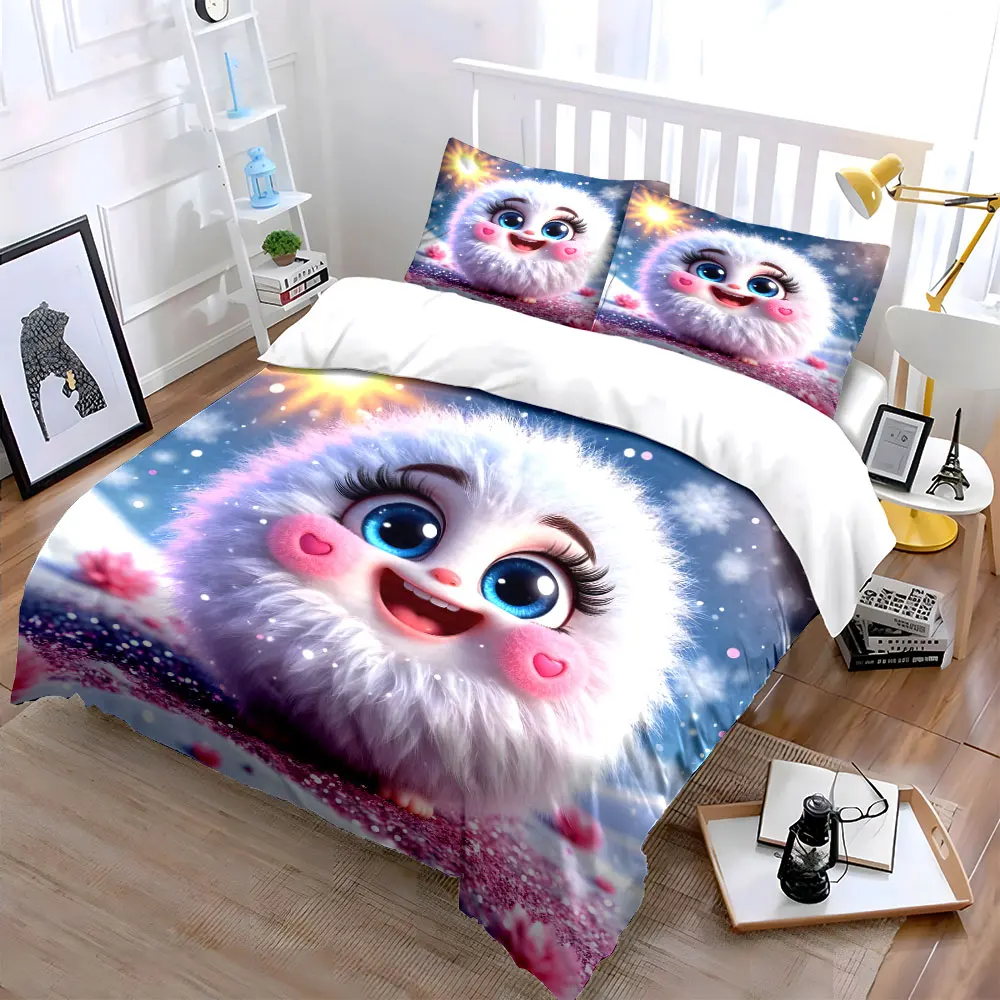 Fluffy cute creature in snowy landscape Print Bedding Set 1 Duvet Cover 2 Pillowcases for Adult and Children Luxury Gift
