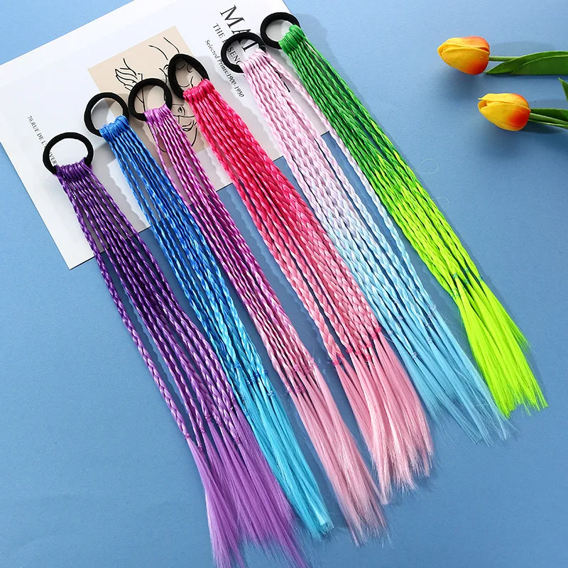 Synthetic Colorful Braids Hair Extensions With Rubber Bands Rainbow Braided Ponytail Hairpieces Hair Accessories For Kids Girls