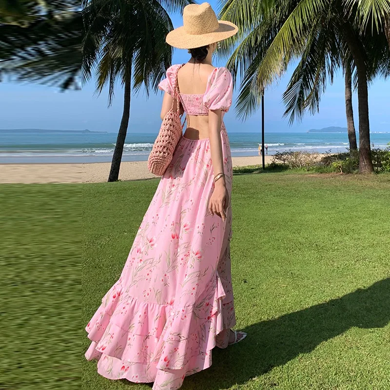 

New Elegant Women Ruffle Backless Long Dress 2024 Summer Chic Slim Floral Vacation Party Clothing Idyllic Sexy Fairy Dresses