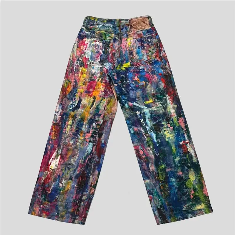 Rainbow Digital Print Loose Straight Leg Jeans 2025 Autumn Winter New Style Unisex Low Waist Long Pants Zipper Closure