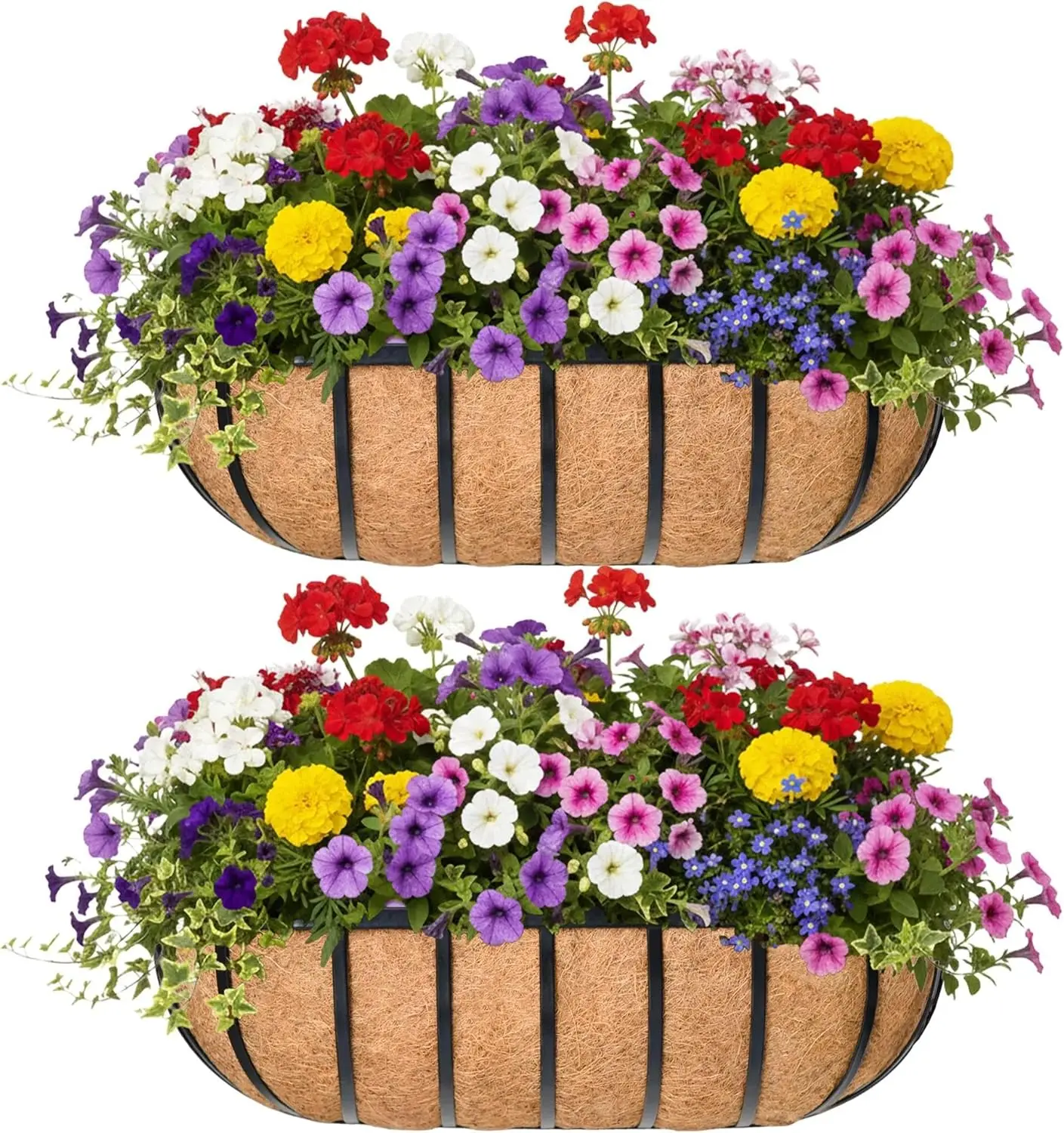 

16“ Window Box Railing Planter with Coco Liner Metal Wall-Mounted Coconut Liner Planter Basket English Horse Trough Pla