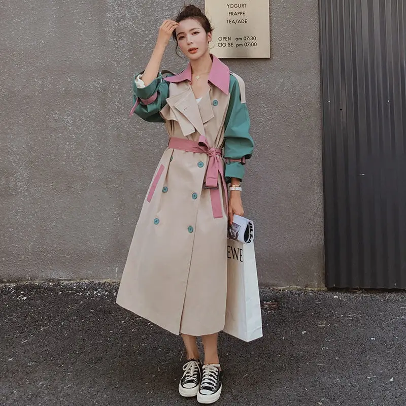 Women  Long Trench Spring Autumn NewSmall Fresh Sweet Office Lady Patchwork Single Breasted Full Turn-down Collar Girls Coat