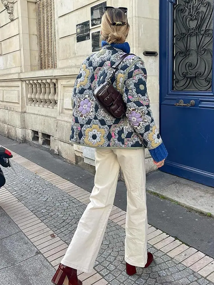 Abrigo de algodón con estampado Floral para mujer, chaqueta corta holgada de manga larga con bolsillos, cuello en v, estilo Retro, ropa de calle