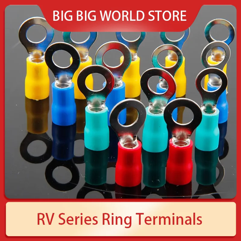 50pcs RV round copper terminal block PVC insulated cold pressed flame-retardant O-type wire nose plug